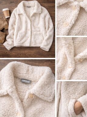 ESIMTEAT Sherpa Fleece Jacket Cream Cozy Button Up Coat Soft Teddy Jacket Size M